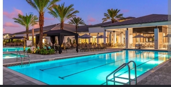 Resort swimming pool at evening